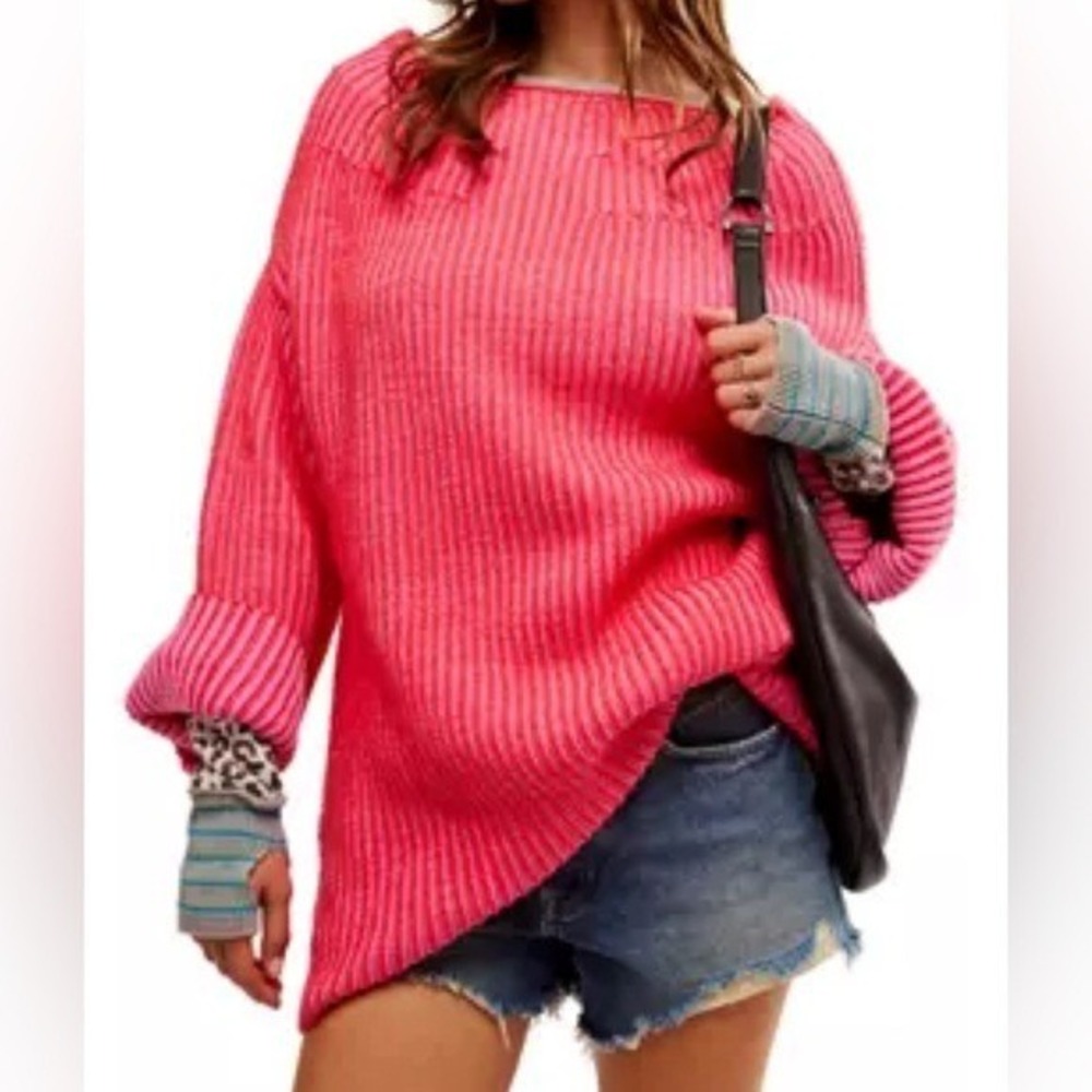 Free People Charlotte‎ Boat Neck Tunic Sweater Pink Oversized Chunky Knit M NWT